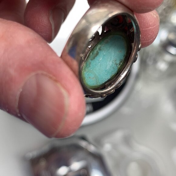 Vintage Sterling Silver Turquoise Ring 6.75 — Ornate Boho Scrollwork, 925 Southw - Picture 7 of 8
